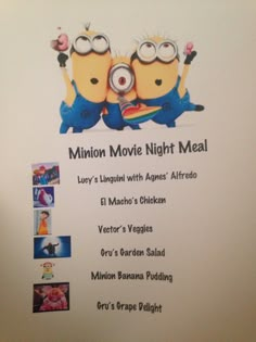 a menu for a movie night with minion characters