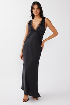 Ivonne Lace Trim V-Neck Maxi Dress Black by Selfie Leslie Black Selfie, Selfie Leslie, Satin Dress Long, Lace Trim Dress, Black Slip Dress, Black Satin Dress, Black Strappy Heels, Maxi Dress Black, Lace Slip Dress