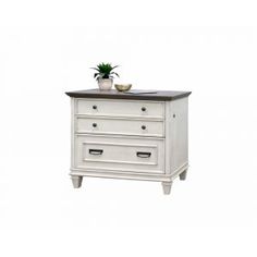 a white dresser with two drawers and a potted plant on top of the drawer