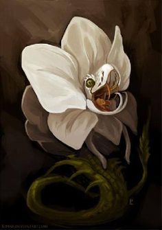 a painting of a white flower with green stems in the center and an insect crawling inside it