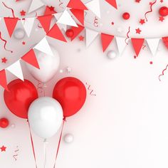 red and white balloons, streamers and confetti on a pink background with stars