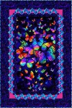 a colorful square with lots of butterflies on the center and blue border around it, in front of a purple background