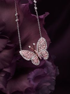 "Argyle Pink™ Butterfly" Necklace, Limited Edition, with 0.85ct Argyle Pink™ 7P/PP-8P/PP Diamonds and 0.90ct White Diamonds. 18K Pink and White Gold on 18" White Chain. Only 3 Available: (Numbers #61/80, 31/80 25/80) Argyle Pink Diamonds, Pink Diamonds, Band Bracelet, Butterfly Necklace, Pink Butterfly, Pink Diamond, White Diamonds, Diamond Bands, Halo Diamond