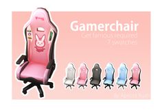 a pink gaming chair with six different colors and designs on the back, in front of a