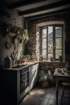 a kitchen with an open window and potted plants on the counter top in front of it