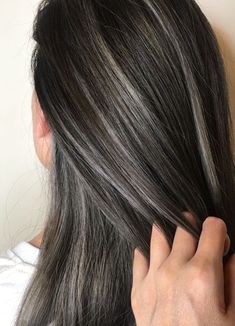 Grey Foils Hair Dark Brown, Dark Brown With Gray Highlights, Highlights For Dark Brown Hair Going Grey, Hiding Greys In Dark Hair, Blending Gray Hair Brunettes Balayage, Subtle Gray Highlights Brown Hair, Hiding Grey Hair Dark Brown, Gray Transition Hair Highlights Brunette, Dark Brown Hair With Grey