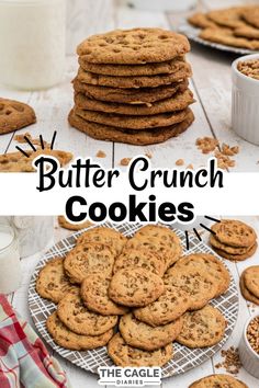 butter crunch cookies are stacked on top of each other with the words butter crunch cookies above them