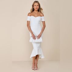 Slip Into The Lulus How Much I Care Ivory Off-The-Shoulder Midi Dress And Dance The Night Away! Medium-Weight Stretchy Ponte Knit Shapes This Stunning Dress That Features A Sweetheart Neckline (With No-Slip Strips) And Darted Bodice, Framed By Short Off-The-Shoulder Sleeves. Fitted Waist Tops A Figure-Flattering Midi Skirt With A Trumpet Silhouette And Ruffled High-Low Hem. Size Medium Interior Brand Tag Has Been Cut In Two, See Photo. Nwot. New Without Tags. Never Worn Fit Bust: Great For Any C Fitted White Dress, Ruffle Bottom Dress, White Fitted Dress, Adhesive Bra, Lulu Dresses, I Care, Stunning Dresses, Shoulder Sleeve, Sweetheart Neckline