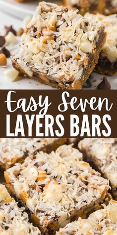 easy seven layer layers bars with chocolate chips and coconut on top