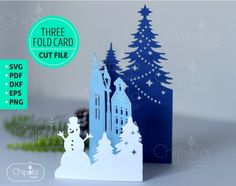 a snowman is standing in front of some paper cutouts and trees with the words three fold card cut file