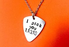 I pick you - Plectrum necklace Personalised for men - Custom Guitar pick necklace Gift Just leave note for seller with your message. Please make sure it can fit, or expect message from the shop if message is a bit too long... Material - aluminium MEASURES - if ordered with chain- 50cm long chain. Pick approx- 30mmx25mm This item can also be ordered as pendant- necklace in the chain. Come and check more of the hand stamped gifts in the shop! https://www.etsy.com/uk/shop/BeesHandStampedGifts Thank Mens Guitar Pick Necklace, I Pick You Necklace, Rock Valentines, Custom Guitar Pick, Guitar Plectrum, Pick Necklace, Guitarist Gifts, Guitar Picks Personalized, Custom Guitar Picks