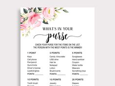 a printable wedding game with pink flowers and the words, what's in your purse?