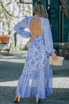 Sky Blue Floral Print Bubble Sleeves Hollow-out Back Maxi Dress Blue Long Sleeve Maxi Dress For Brunch, Light Blue Long Sleeve Maxi Dress For Brunch, Light Blue Long Sleeve Maxi Dress For Day Out, Bishop Sleeve Dress, Purple Maxi, Purple Maxi Dress, Split Maxi Dress, Blue Floral Print, Long Sleeve Maxi