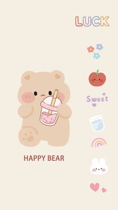 a cartoon bear holding a drink with the caption happy bear