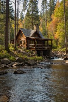 a log cabin sitting on top of a river