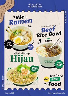 an advertisement for ramen rice bowl on a blue background