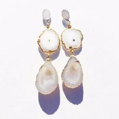 Here comes the bride. White drusy post, white quartz center, and neutral geode bottom set in 24 kt gold. White Natural Stone Wedding Earrings, White Natural Stones Earrings For Wedding, White Gemstone Accented Earrings For Wedding, Elegant Gold Geodes, Elegant White Quartz Jewelry, White Agate Wedding Jewelry, Elegant White Jewelry With Large Stone, Gold Agate Jewelry For Wedding, Elegant Gold Geodes With Natural Stones