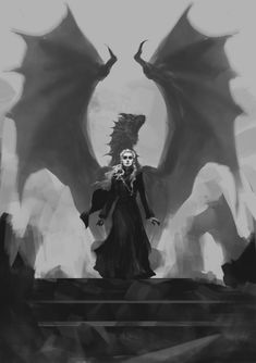 a black and white drawing of a woman standing in front of a giant demonic dragon