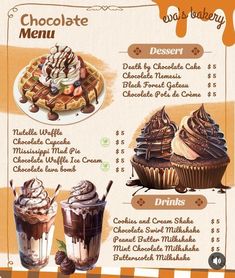 a menu with different types of desserts on it