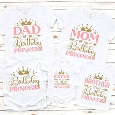 three matching shirts with the words, mom and baby princess printed on each one piece