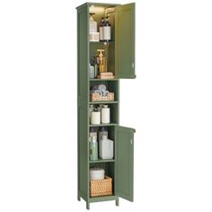 a tall green cabinet filled with lots of items