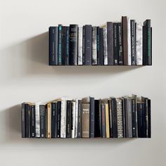 two bookshelves that have been placed on the wall to hold several different types of books