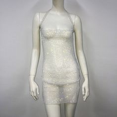 Season:Summer,Spring; Sleeve Length:Sleeveless; Look After Me:Wet and Dry,Washable; Gender:Women's; What's in the box:Dress; Types:Mini Dress,Sheer Mesh Rhinestone Cover Up; Style:Sexy,Metallic,Sparkle,Halter; Occasion:Party,Club; Material:Rhinestone,Polyester; Age Group:Adults'; Characters:Disco; Pattern:Solid Color; Listing Date:12/11/2023 Embellished Halter Neck Dress For Summer, Summer Embellished Halter Neck Dress, Embellished Sleeveless Halter Dress For Night Out, Sleeveless Sequin Halter Dress For Summer, White Glamorous Sleeveless Dress For Party, Summer Sleeveless Stretch Party Dress, Glamorous White Sleeveless Dress For Party, Glamorous White Sleeveless Party Dress, Summer Sequined Sleeveless Halter Dress