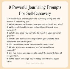 a poster with the words 9 powerful journaling prompts for self - discovery on it