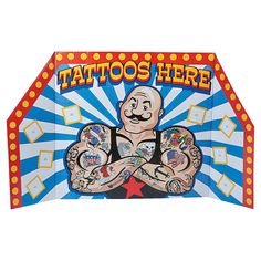 an image of a man with tattoos on his chest and arms in front of a circus tent