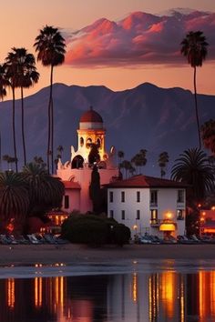 palm trees line the shore of a lake at sunset