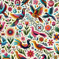 colorful birds and flowers on a white background