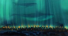 an abstract painting with green and yellow lights in the sky above a large city at night