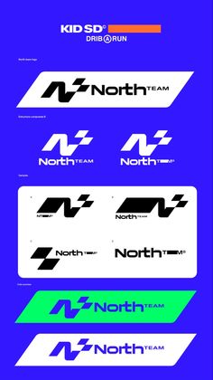 the logo design for north team is shown in different colors and sizes, including blue, green