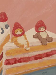 a painting of two cats sitting on top of a piece of cake with one cat wearing a hat