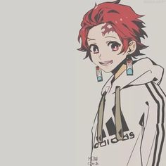 an anime character with red hair wearing a hoodie