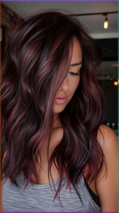 Dark Brown Hair With Dark Red Balayage, Merlot Highlights On Brown Hair, Dark Hair With Some Color, Hair Color Ideas Wine Red, Brunette Hair For Summer 2024, Red Violet Money Piece, Burgundy Hair Lowlights, Red Hair Color For Dark Hair, Black Hair With Wine Red Highlights