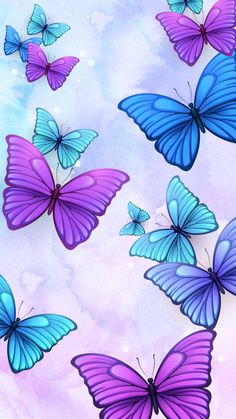 many blue and purple butterflies flying in the sky with watercolor paint on paper behind them