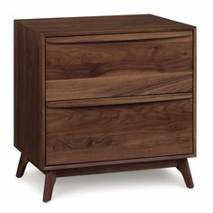 a wooden nightstand with two drawers on one side and an open drawer on the other