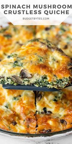 spinach mushroom crustless quiche on a serving platter with text overlay