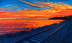 a painting of a sunset over the ocean with train tracks leading to it and trees in the foreground