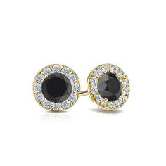 Halo set diamond stud earrings make a stylish statement in beauty. These 18k yellow gold stud earrings in black round diamond 0.60 ct. total weight center stone and 0.40 ct. total weight of small round diamonds as side stone, together carries a total weight of 1.00 ct. and are available with push back or screw back clasps. Black Diamond Pendant, Black Diamond Earrings Studs, Black Diamond Studs, Solitaire Diamond Pendant, Black Diamond Earrings, Colored Diamond Rings, Rose Gold Earrings Studs, Rose Gold Studs, Halo Earrings