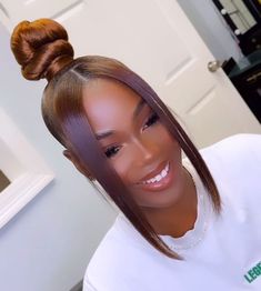 Topknot Bun With Bangs, Twisted Bun Hairstyles For Black Women, Ponytails With Shaved Sides, Top Knot Ponytail Black Women, Sleek Ponytail With Bangs Black Women, High Bun With Bangs For Black Women, Top Knot With Bangs Black Women, Two Bangs With Bun, Two Top Knot Buns