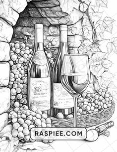 a black and white drawing of two bottles of wine with grapes on the table next to it