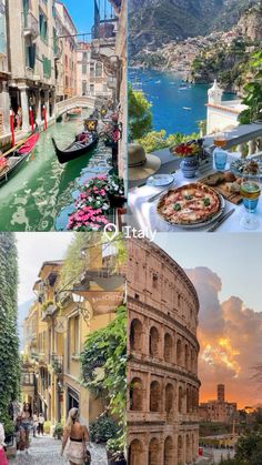 the collage shows different scenes from around the world, including an old building and a river with boats on it