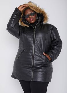 Featuring a detachable hood and luxe faux fur trims, this coat blends practicality with high-fashion appeal. Two zip pockets at the front offer functionality, while the fully lined, non-stretchy satin interior adds a touch of sophistication. Winter Plus Size Coats, Butterfly Bra, Coat Plus Size, Faux Leather Coat, Plus Size Fall, Ponte Leggings, Plus Size Winter, Plus Size Coats, Fall Coat