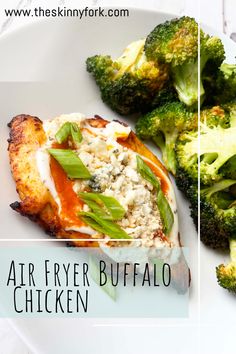 an air fryer buffalo chicken is served with broccoli