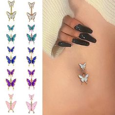 the back of a woman's stomach with six different colored butterflies attached to it