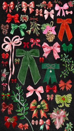 an assortment of christmas bows and ribbons on a black background with red, green, and pink colors