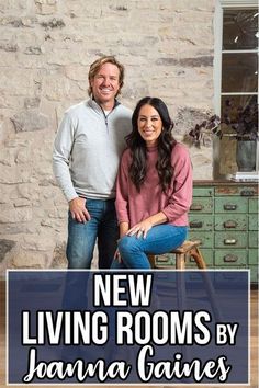 a man and woman sitting on a chair in front of a stone wall with the words new living rooms by hannaa james