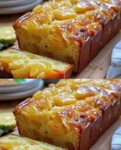 two pictures of pineapple upside down cake with slices cut off and ready to be eaten